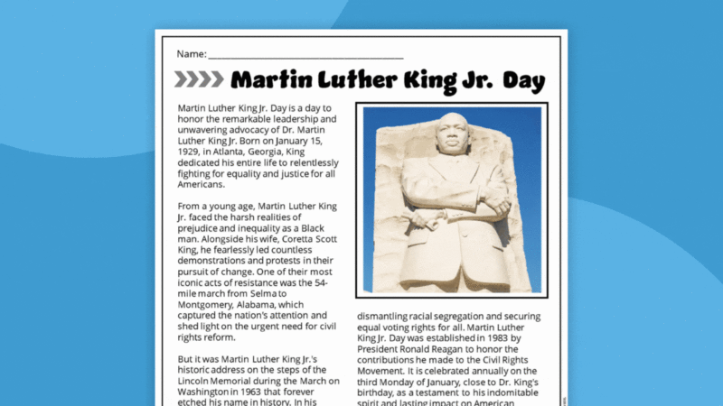 Martin Luther King Jr. Day Worksheets Slideshow Gif showing a selection of Martin Luther King Jr. Worksheets