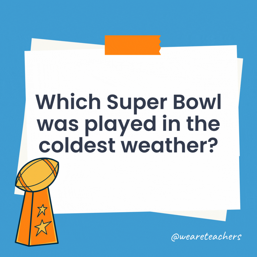 Which Super Bowl was played in the coldest weather? Super Bowl VI in New Orleans, with a kickoff temperature of 39 degrees Fahrenheit. Which Super Bowl was played in the coldest weather?
Super Bowl VI in New Orleans, with a kickoff temperature of 39 degrees Fahrenheit.