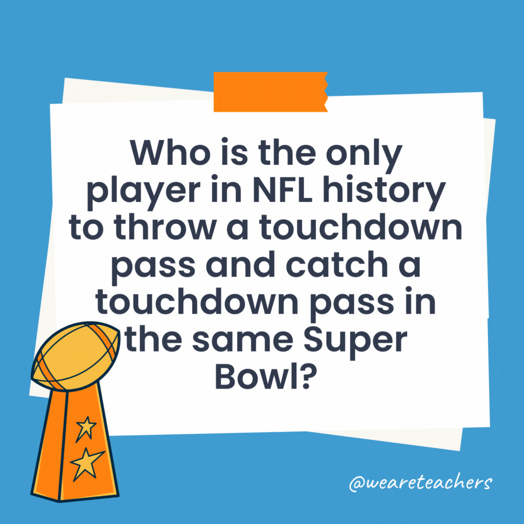 Who is the only player in NFL history to throw a touchdown pass and catch a touchdown pass in the same Super Bowl? Nick Foles, in Super Bowl LII. Who is the only player in NFL history to throw a touchdown pass and catch a touchdown pass in the same Super Bowl?
Nick Foles, in Super Bowl LII.