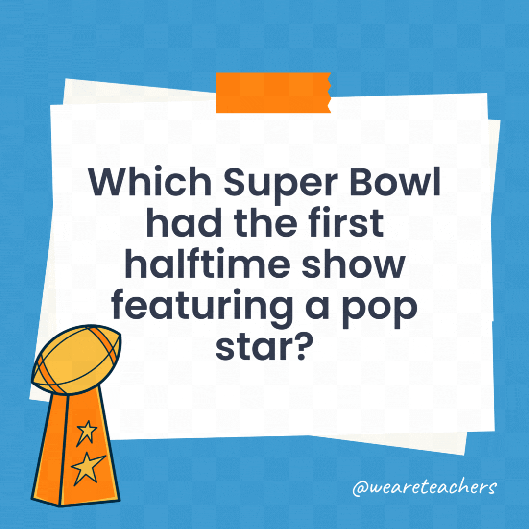 Which Super Bowl had the first halftime show featuring a pop star? In 1991, “A Small World Salute to 25 Years of the Super Bowl” featured New Kids on the Block. Which Super Bowl had the first halftime show featuring a pop star?
In 1991, "A Small World Salute to 25 Years of the Super Bowl" featured New Kids on the Block.