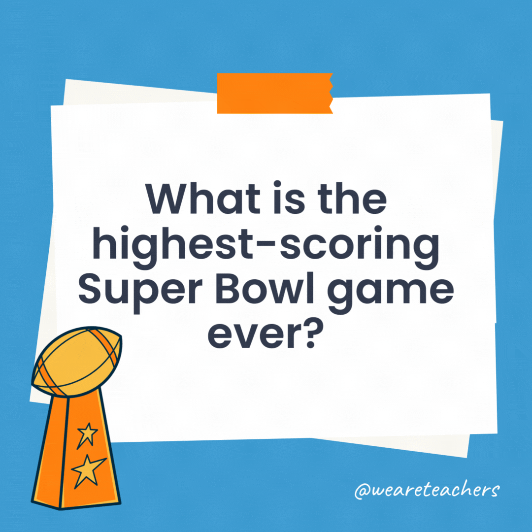 What is the highest-scoring Super Bowl game ever? Super Bowl XXIX (San Francisco 49ers vs. San Diego Chargers) with a combined 75 points. What is the highest-scoring Super Bowl game ever?
Super Bowl XXIX (San Francisco 49ers vs. San Diego Chargers) with a combined 75 points.
