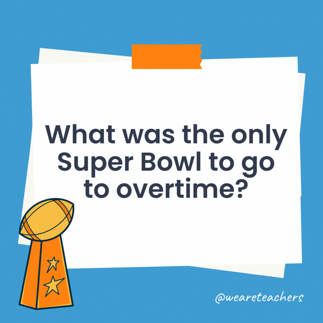 What was the only Super Bowl to go to overtime? Super Bowl LI (New England Patriots vs. Atlanta Falcons). What was the only Super Bowl to go to overtime?
Super Bowl LI (New England Patriots vs. Atlanta Falcons).