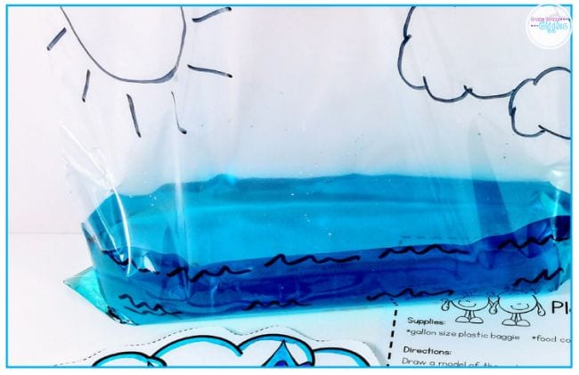 2nd Grade Science Grade School Giggles Plastic bag with clouds and sun drawn on it, with a small amount of blue liquid at the bottom