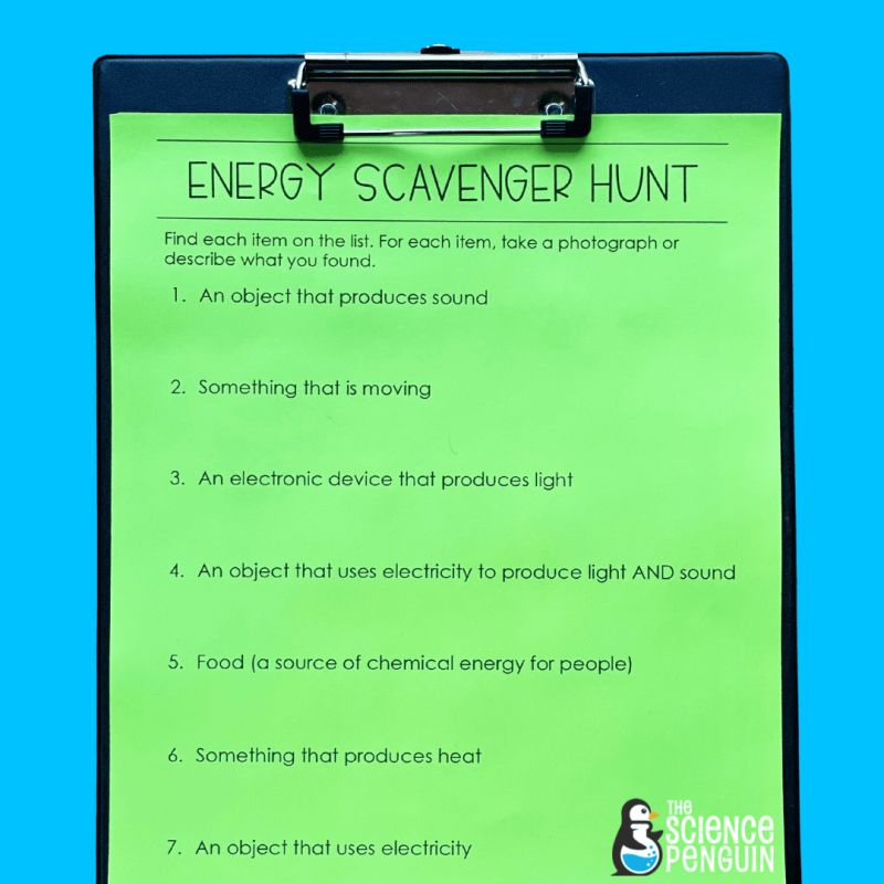 4th Grade Energy Science Scavenger Hunt A printable energy scavenger hunt on bright green paper against a blue background