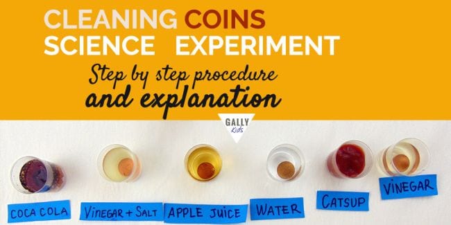 6th Grade Science Coins Gally Kids Pennies in small cups of liquid labeled coca cola, vinegar + salt, apple juice, water, catsup, and vinegar. Text reads Cleaning Coins Science Experiment. Step by step procedure and explanation.