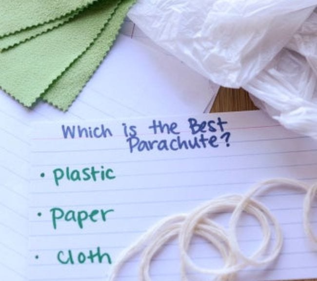 6th Grade Science Education dot com Card with text Which is the best parachute? Plastic, paper, cloth. Surrounded by pieces of fabric, plastic, and string.