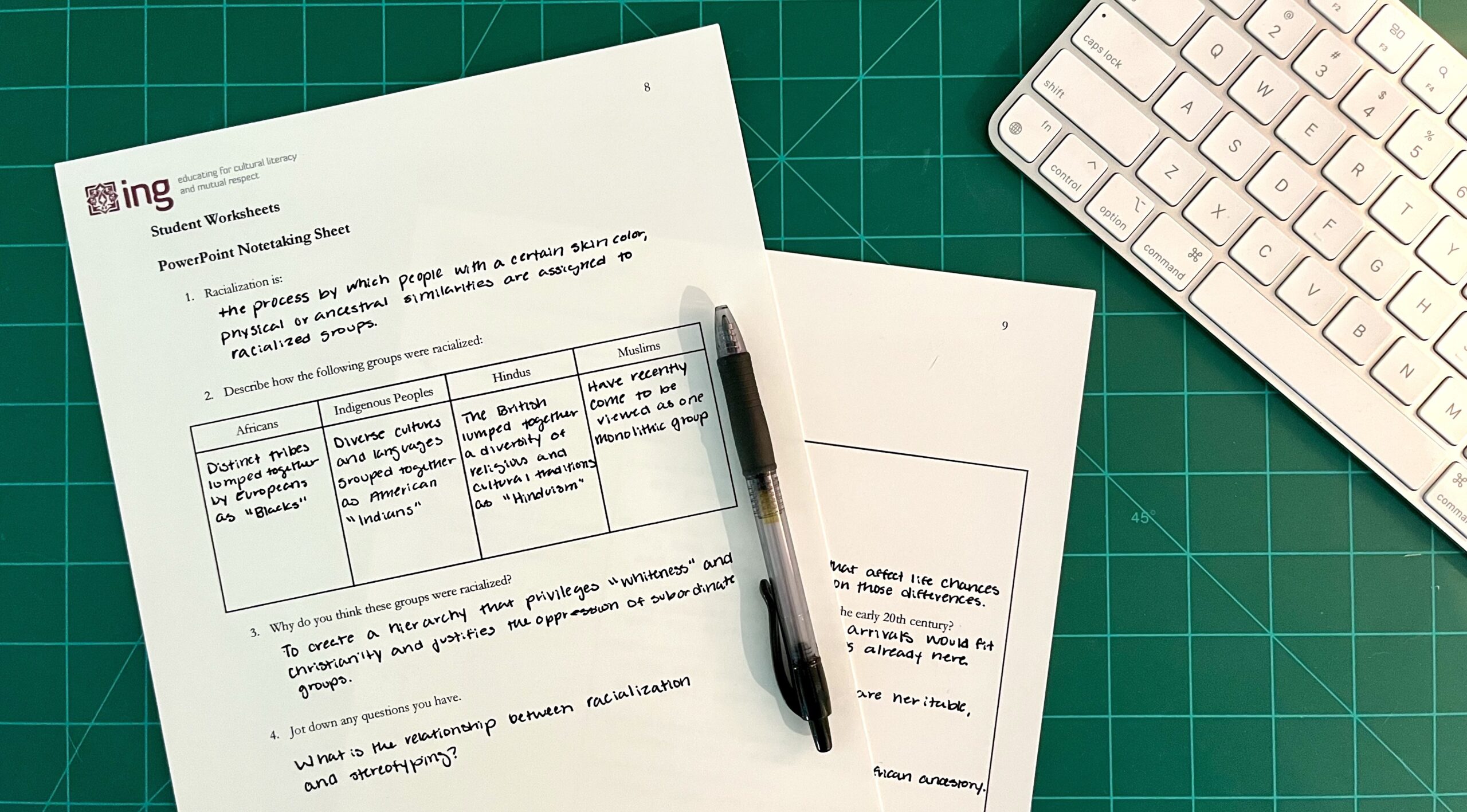 Filled out worksheets from ING's anti-racism lesson plans