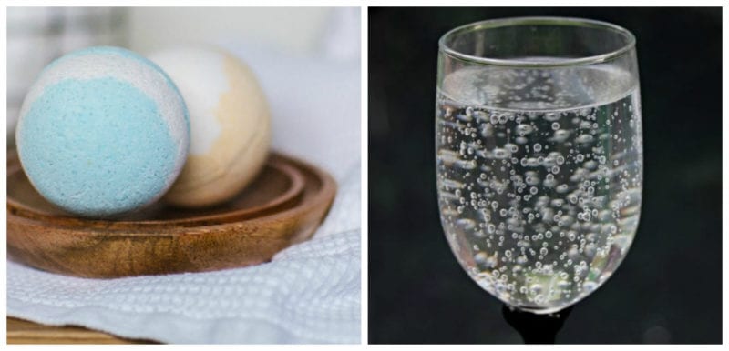 Bath Bomb Science Two pastel bath bombs and a glass of fizzing water