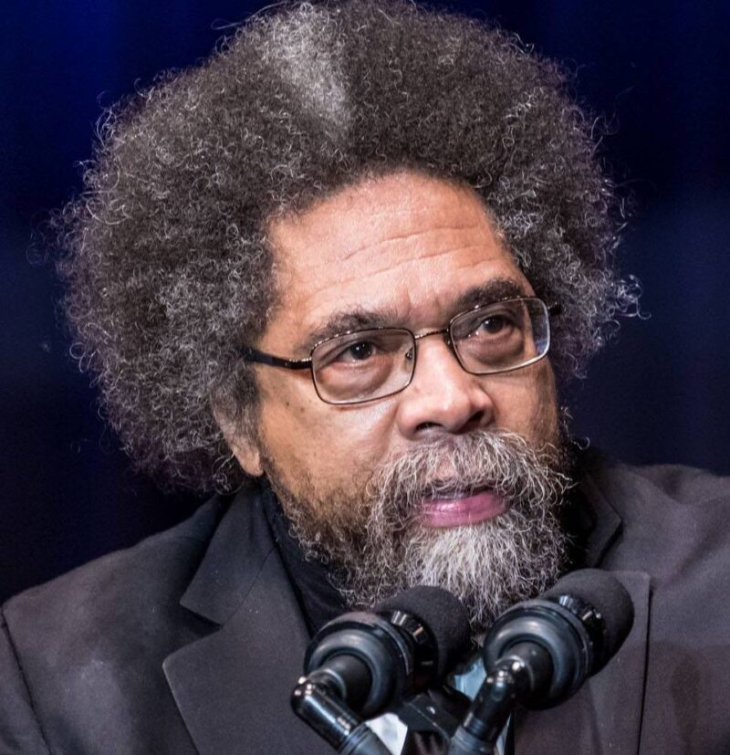 Cornel West Famous philosophers include Cornel West, shown here from the neck up with a serious expression sitting in front of a microphone. He has an afro and a beard and moustache. He's wearing thin, wire frame glasses.