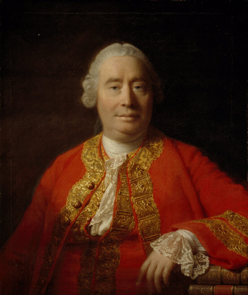 David Hume An old man is shown from the waist up wearing a regal red robe.