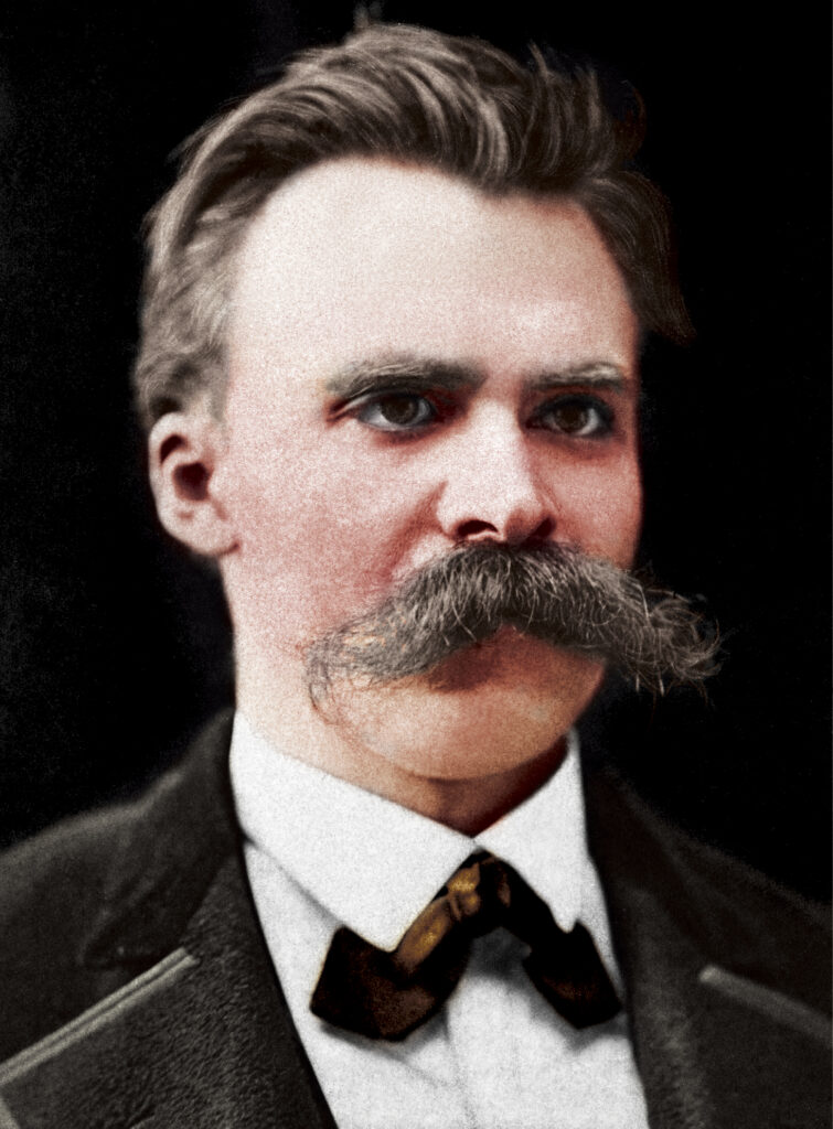 Friedrich Nietzsche Famous philosophers include Friedrich Nietzsche shown here in a colorized photo. He is a middle aged man with a large moustache.