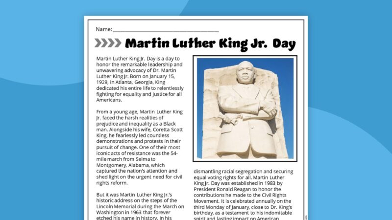 Martin Luther King Jr. Day Student Handout Printable student handout about Martin Luther King Jr. Day on blue background