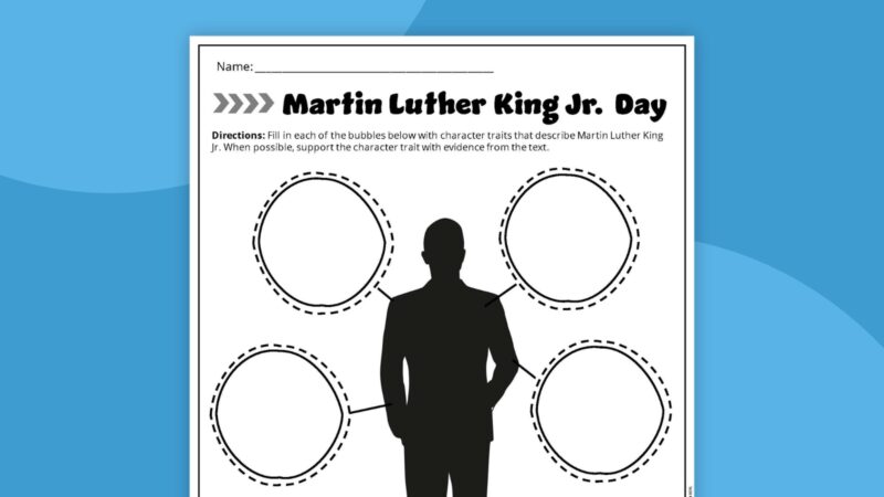 Martin Luther King Jr. Graphic Organizer Martin Luther King Jr. character traits graphic organizer printable on blue background.