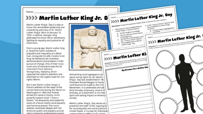 Martin Luther King Jr. Worksheet Collage of four printable Martin Luther King Jr. worksheets