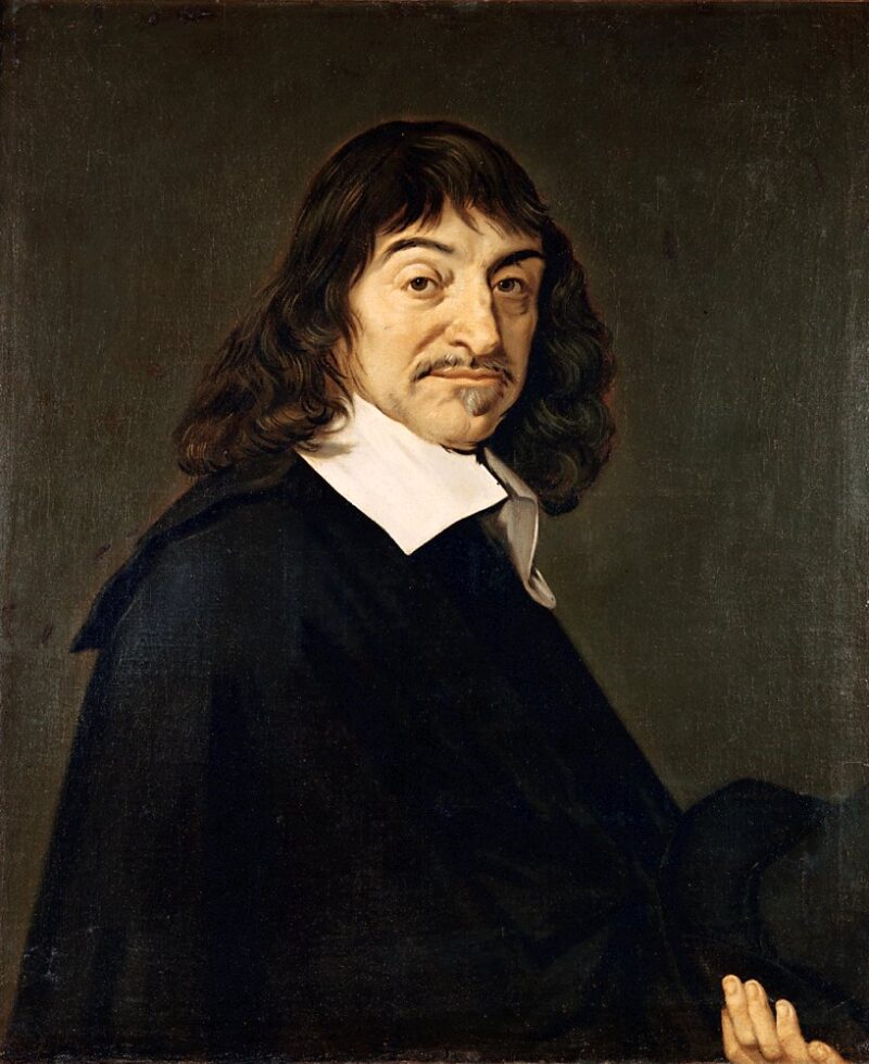 Rene Descartes A dark painted portrait shows a man with long dark black hair and a moustache wearing a black robe.