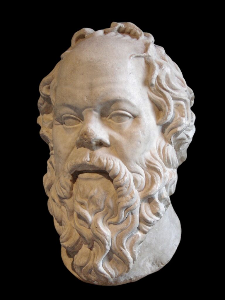 Socrates An old sculpture of a bearded head is shown.