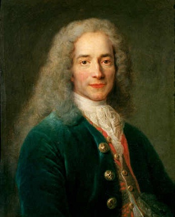 Voltaire A man with very long, curly hair is shown in an old fashioned painting.