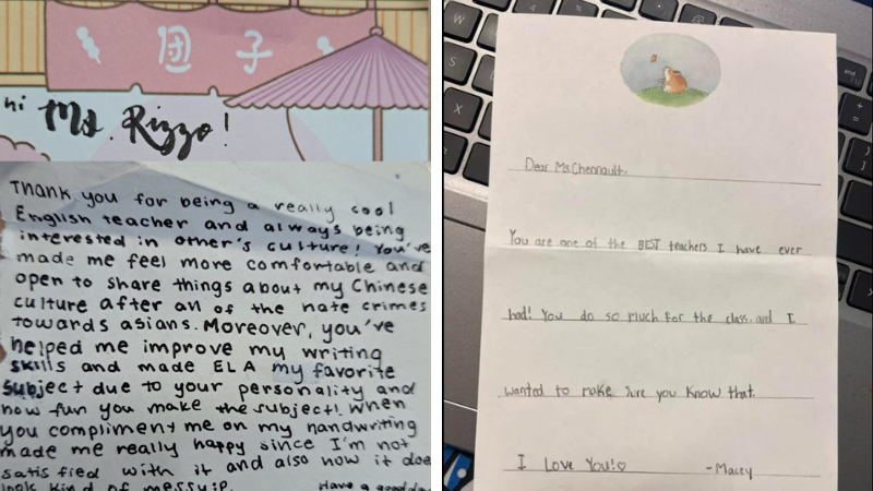 Two handwritten thank you notes to teachers from students.