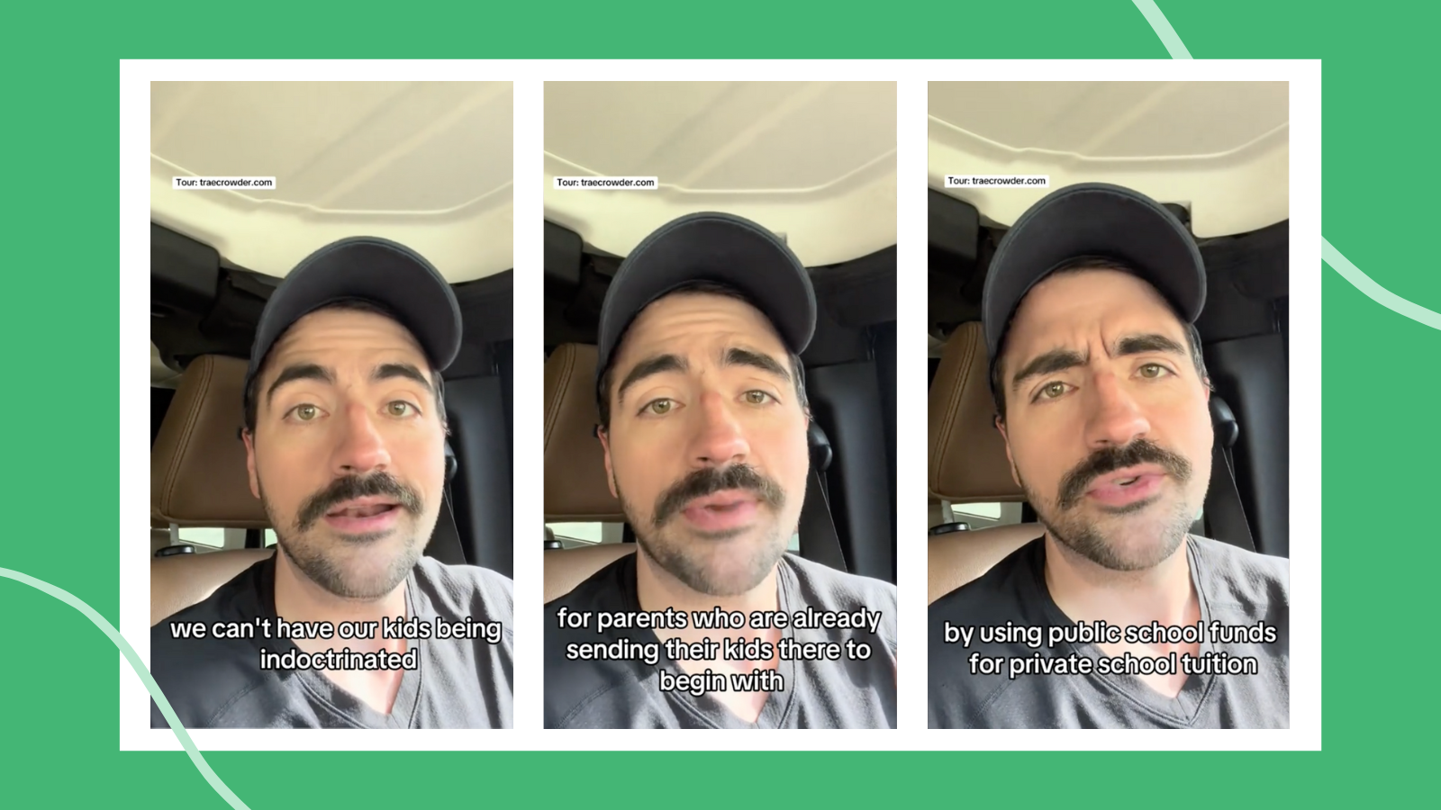 Screenshots from Trae Crowder's TikTok on school vouchers